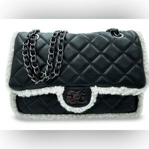 New Elegant Black Quilted Fur Baguette Shoulder Bag